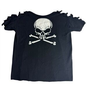 Skull & Crossbones Graphic Tee with Shoulder Tie Detail
Size: Approx. Medium